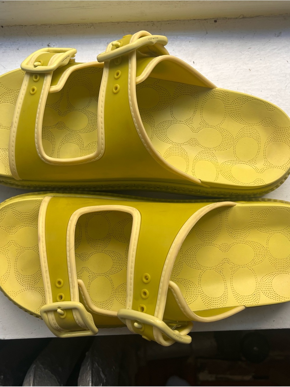 Coach Bright Yellow/Light Lime Green Slide Sandals - Picture 2 of 5